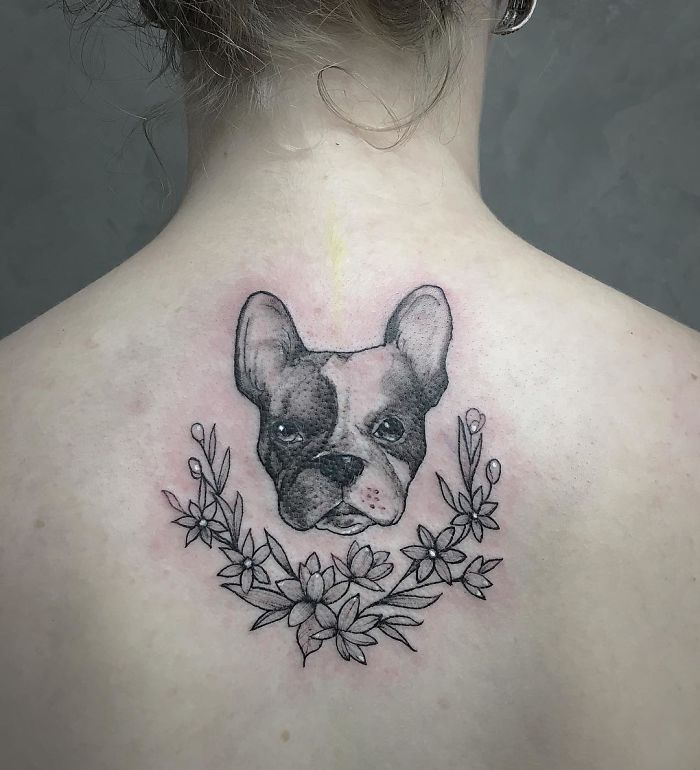 Dog tattoo featuring a French Bulldog with floral design on a person's back.