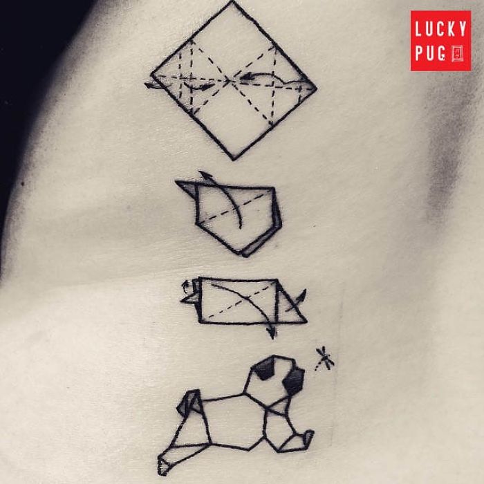 Geometric origami dog tattoo design, featuring a step-by-step transformation.