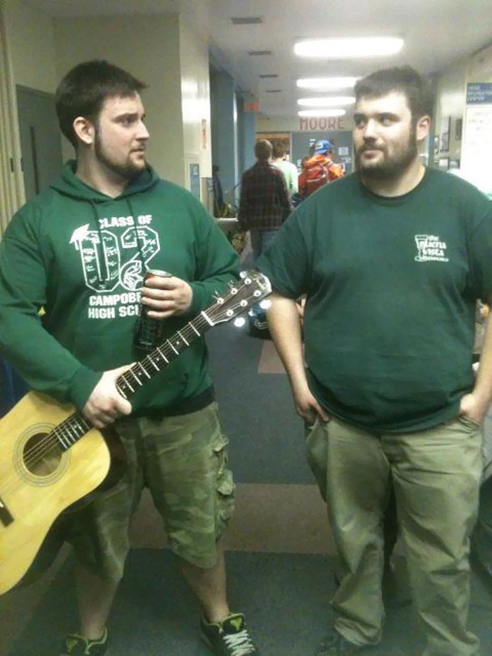 Two doppelgangers looking at each other in the school 