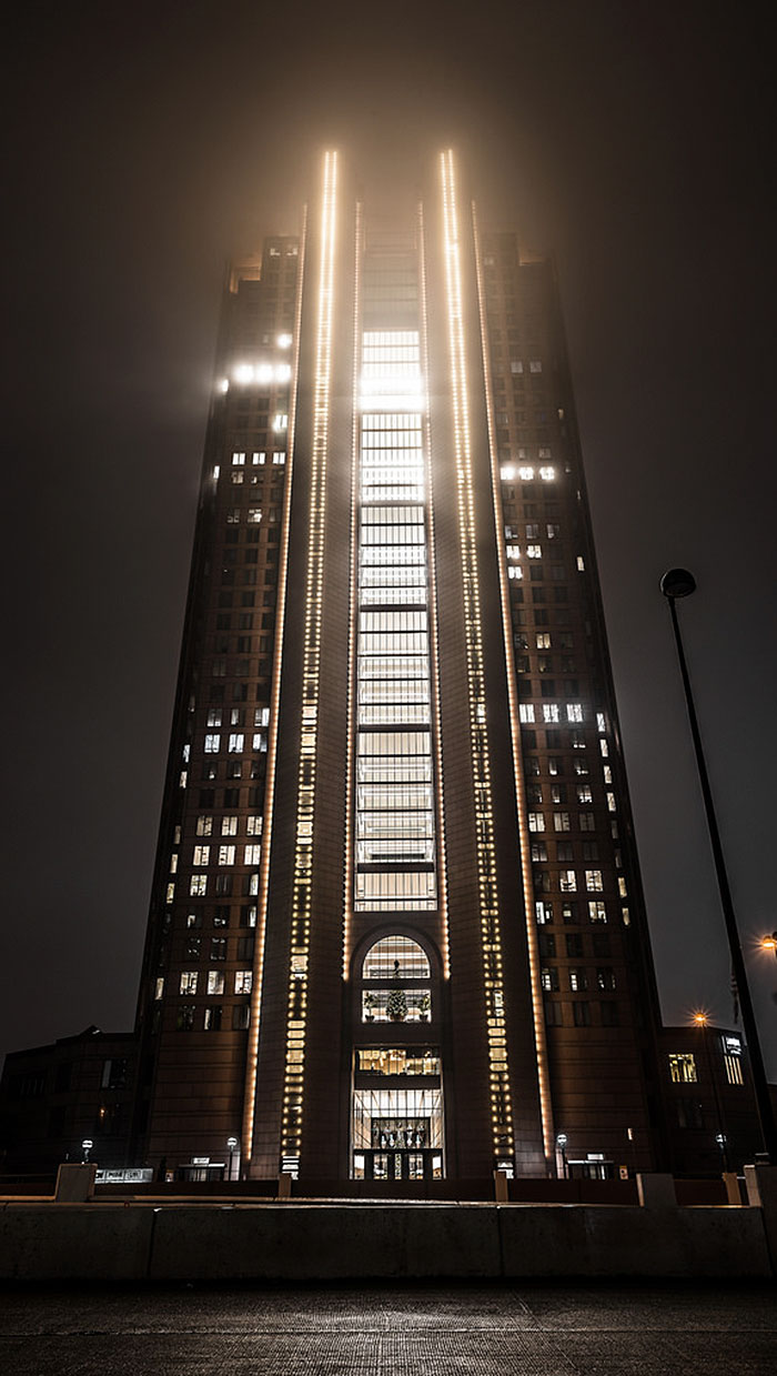 City Place Tower In Dallas On A Foggy Night, Texas