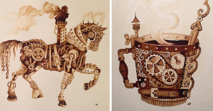 It Took Me Many Hours To “Paint” Steampunk Art Using Real Coffee