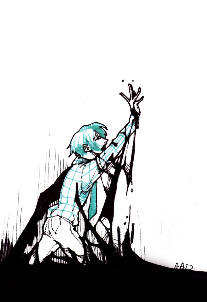 Illustration of a person sinking into darkness, representing depression, reaching upwards in a struggle.