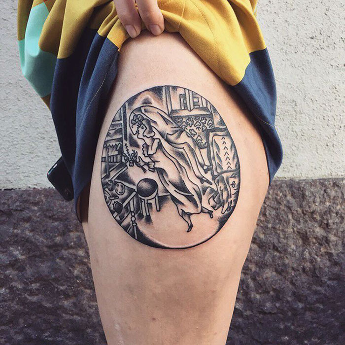 Classical art-inspired tattoo on a person's thigh, depicting a detailed scene in black ink.