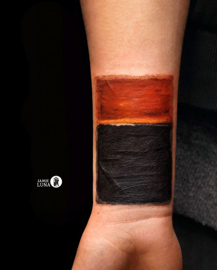 Tattoo of abstract color blocks inspired by classical art on forearm.