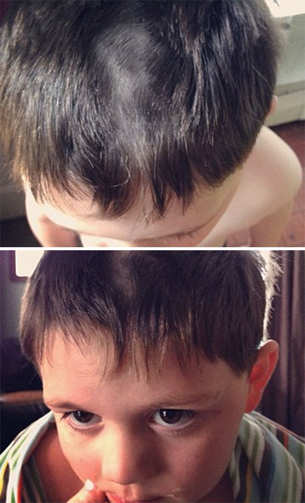 Child with a self-cut hairstyle, looking regretful, showing uneven bangs and short patches on top.