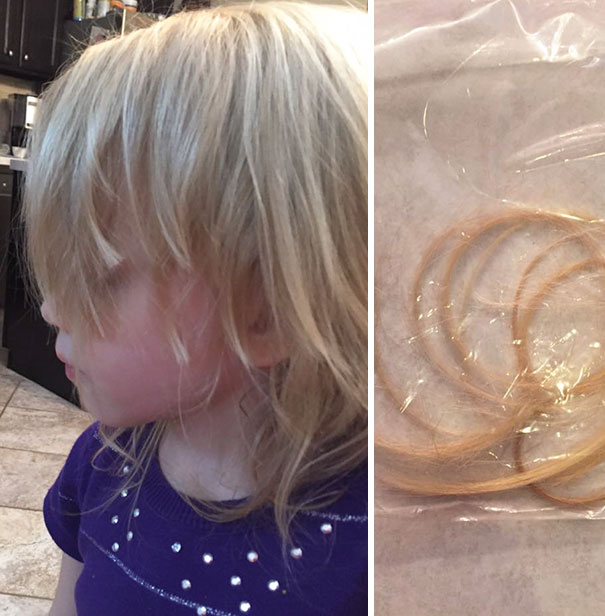 Child with self-cut hair, side view, wearing a purple top; strands of cut blonde hair are placed nearby on the right.