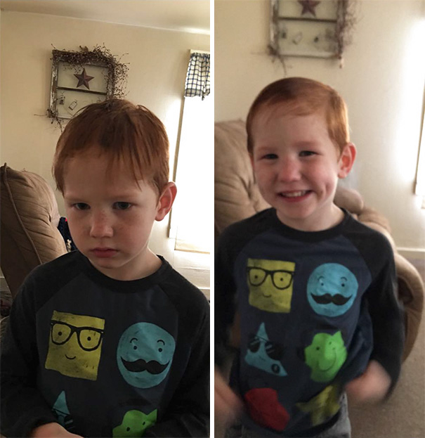 Child with a self-cut haircut, first looking unhappy, then smiling, showcasing regret over their hair decision.