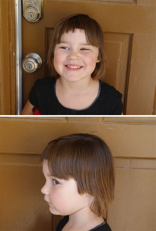 Child smiling with a self-cut haircut in front view and side view.
