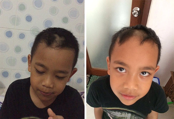 Child with self-cut haircut, looking unhappy with uneven hair, a common regret among kids cutting their own hair.
