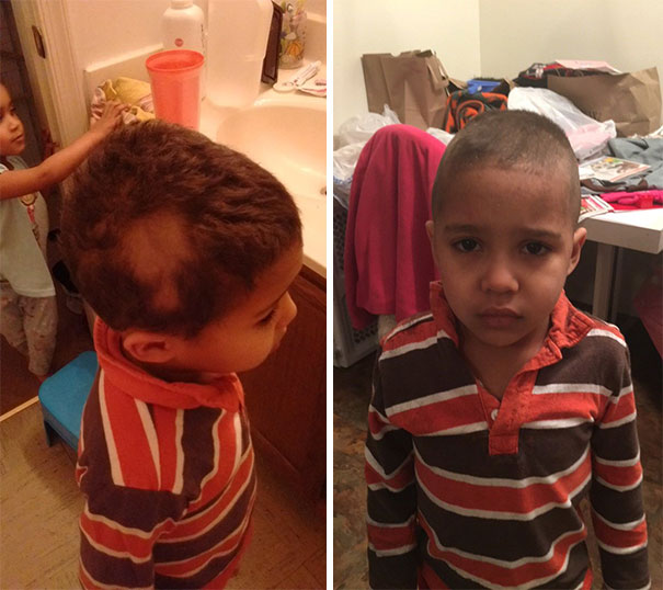 Child with self-cut hair, wearing a striped shirt, showing a before-and-after haircut regret.
