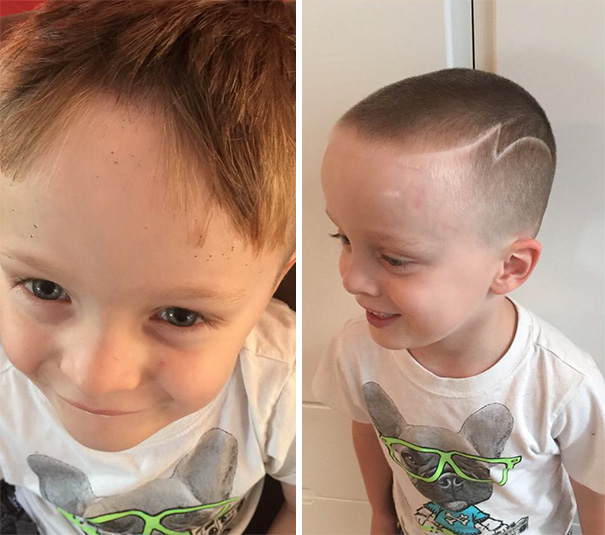 Child showing self-cut hairstyle in before and after photos, wearing a dog-print shirt.