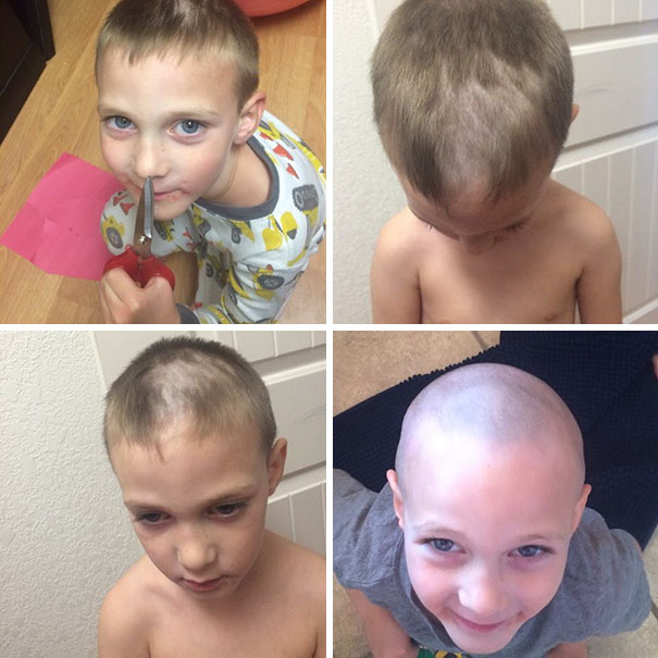 Child attempts self-haircut with scissors, resulting in uneven hair and shaved head, showcasing haircut regret.