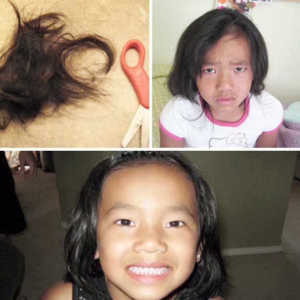 Child with self-cut hair looking regretful; scissors and hair on floor.
