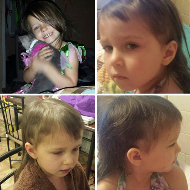 Child with self-cut hair, looking thoughtful and slightly amused.