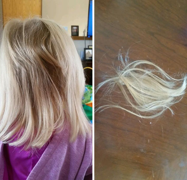 Child with uneven self-cut hair on the left, and a lock of blonde hair on a table on the right; a hair mishap.
