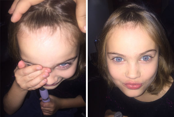 Child with a self-cut uneven haircut, showing a playful expression, holding a hairbrush.