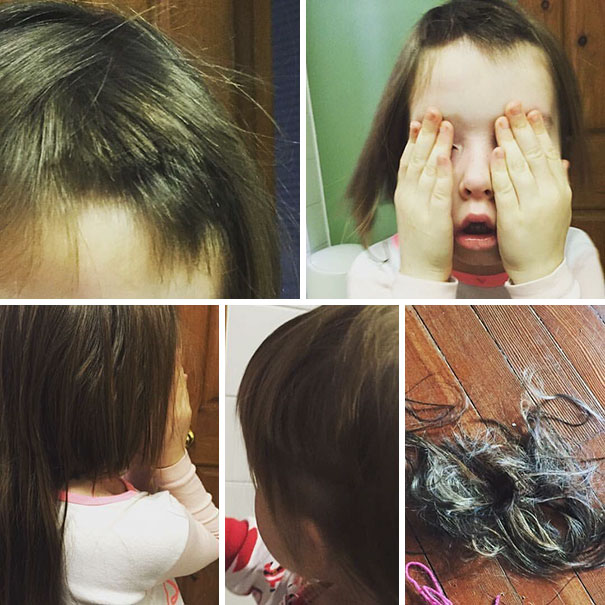 Child regretting haircut decision, covering face, with uneven bangs and cut hair on floor.