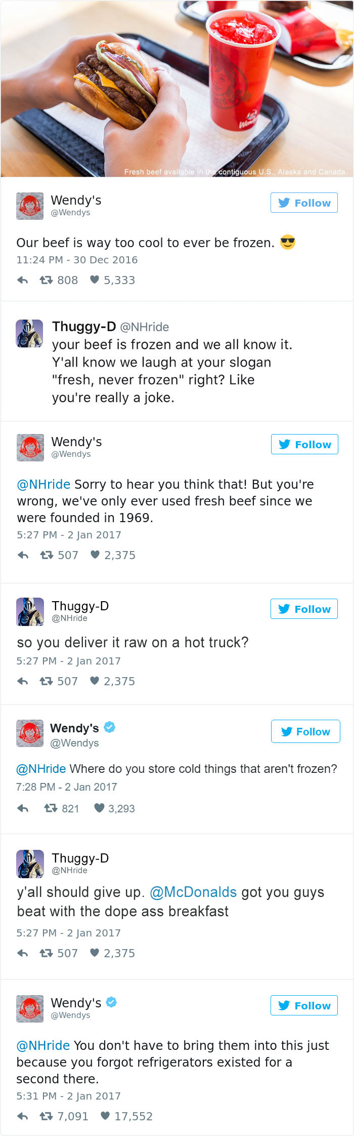 Wendy's tweets roasting user on Twitter about fresh beef claims, showcasing their humor and wit.