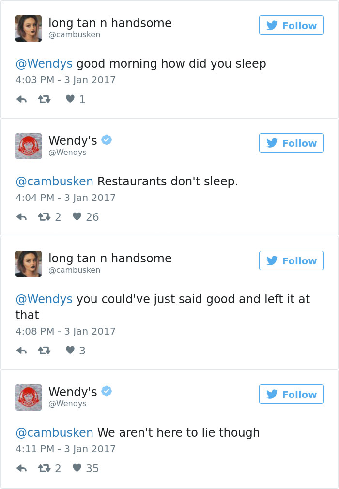 Wendy's funny Twitter exchange roasting a user about sleeping habits and honesty.