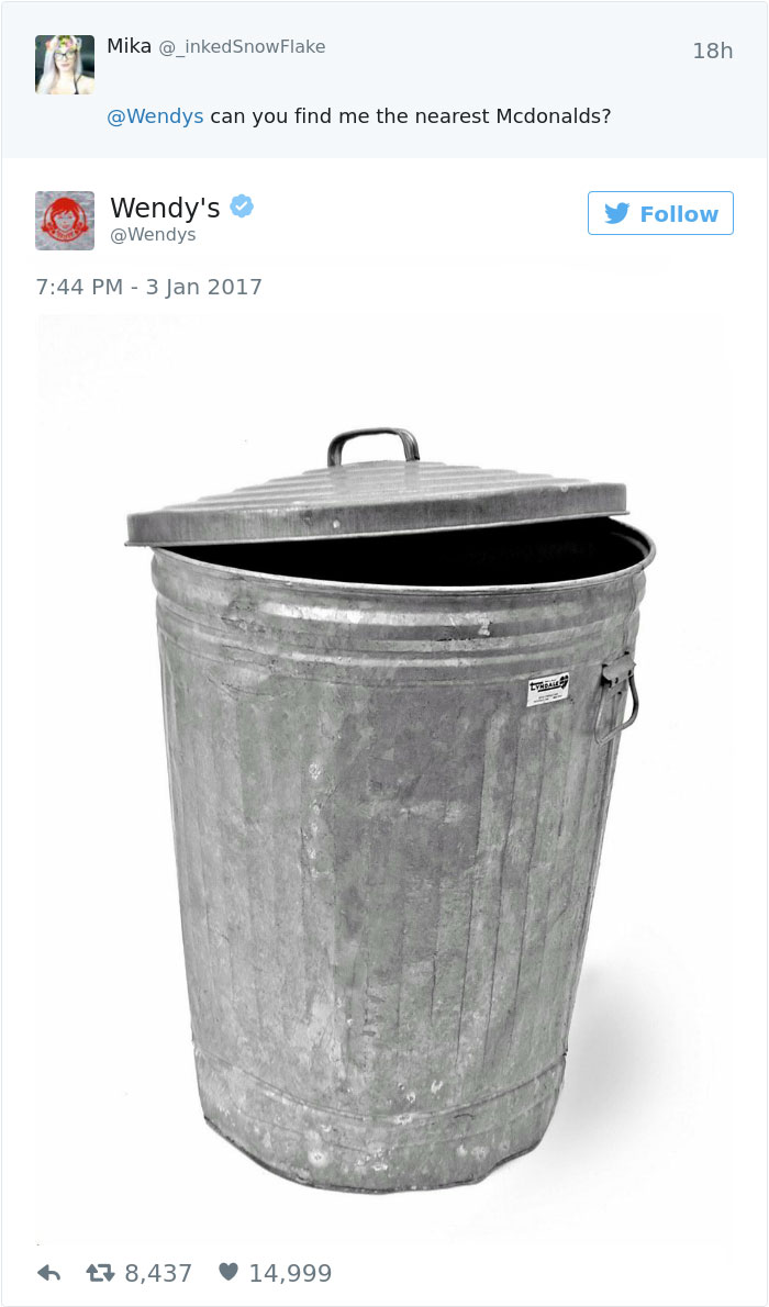 Wendy's roasting tweet with a trash can photo response to a McDonald's question.