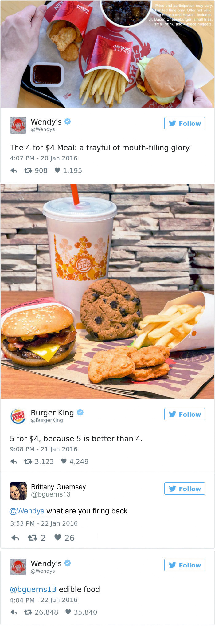 Wendy's witty Twitter roast with fast food visuals, engaging in humorous banter.