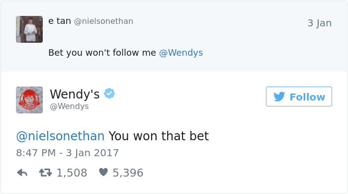 Wendy's Twitter response roasting user with witty reply, showcasing their humorous engagement style.