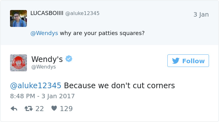 Wendy's roasting tweet about square patties, replying with humor.