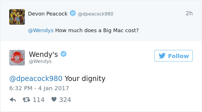 Wendy's roasting a user on Twitter with a witty response about a Big Mac.