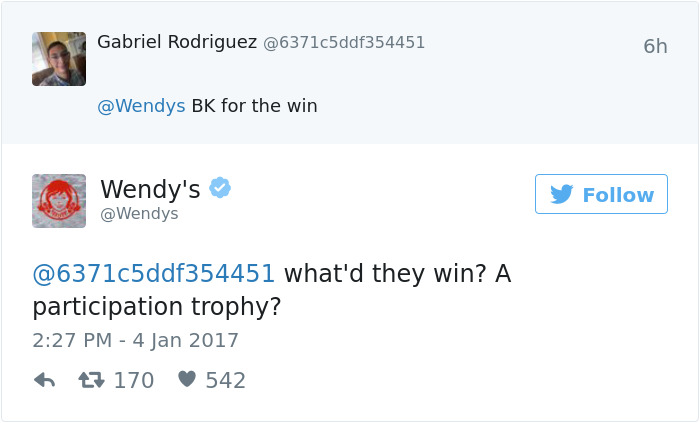 Wendy's humorous Twitter roast replying to a tweet about BK.