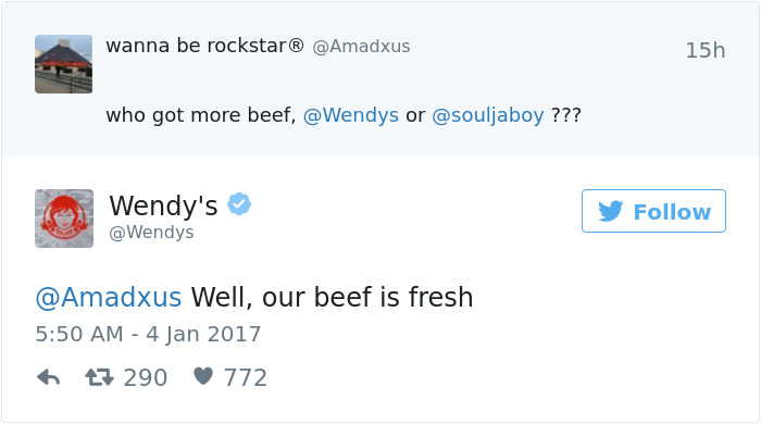 Wendy's funny Twitter roast about fresh beef in reply to a user's question.