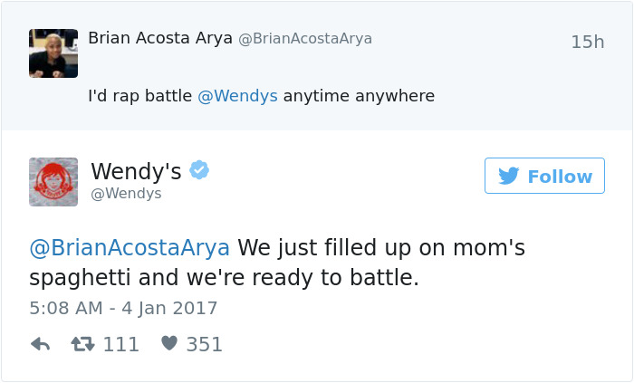 Wendy's Twitter roast response to a rap battle challenge, humorously referencing mom's spaghetti.
