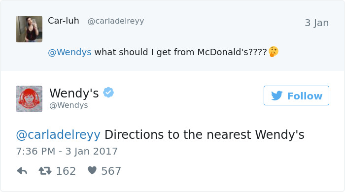 Wendy's humorous reply on Twitter suggesting directions to their restaurant in response to a McDonald's query.