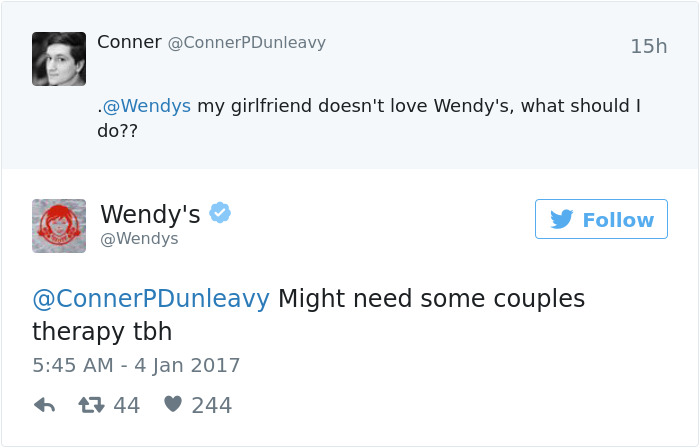 Wendy's witty Twitter roast suggests couples therapy to a user whose girlfriend dislikes the brand.