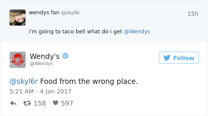 Wendy's Twitter roast replying humorously to a Taco Bell question, showcasing wit and engagement.