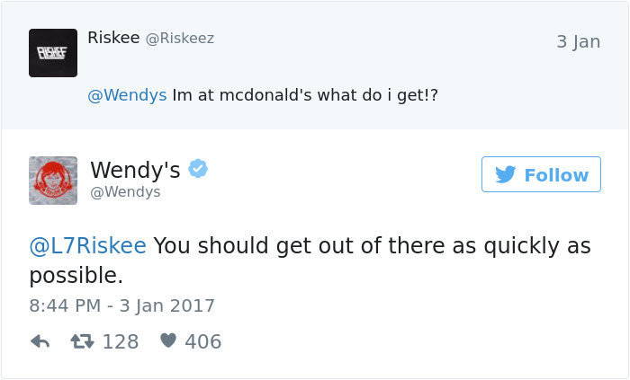 Wendy's humorous Twitter response to a user's question about McDonald's.