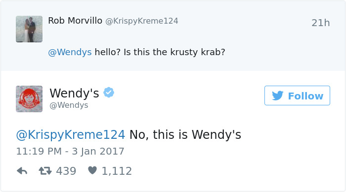 Wendy's playful Twitter response to a user's Krusty Krab question.
