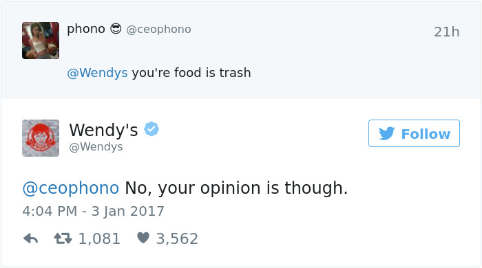 Wendy's roasting a Twitter user with a witty comeback in response to a critical tweet.
