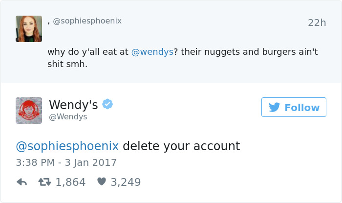 Wendy's witty comeback on Twitter to a user's comment about their nuggets and burgers.