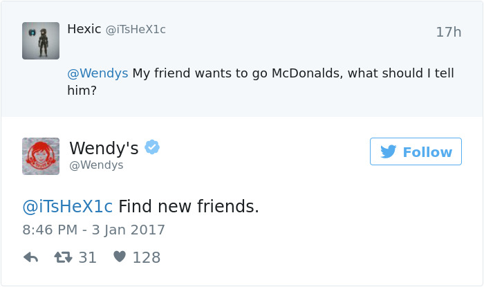 Wendy's witty Twitter roast suggesting a user find new friends over McDonald's choice.