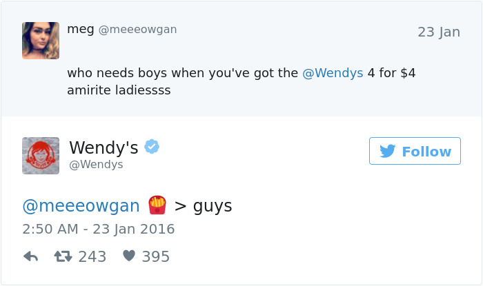 Wendy's clever Twitter reply, humorously roasting a user's tweet about their 4 for $4 meal deal.