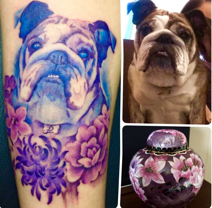 Colorful dog tattoo design with flowers next to a bulldog and a floral-patterned jar.