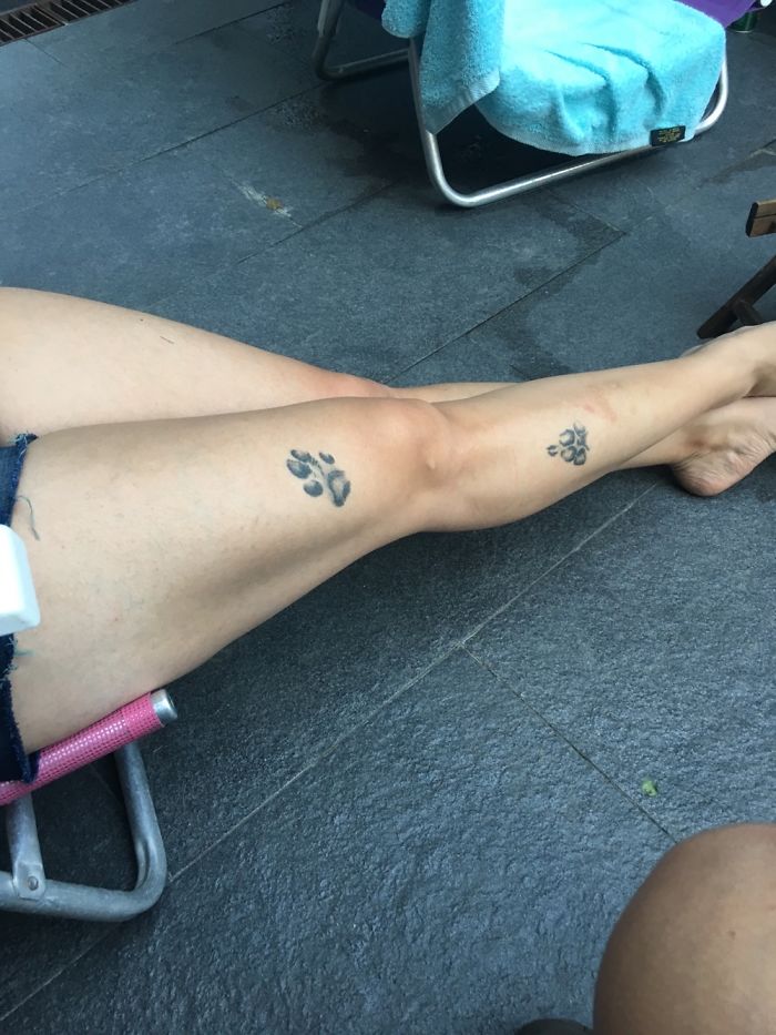 Paw print dog tattoos on legs, showcasing creative design ideas for tattoo enthusiasts.