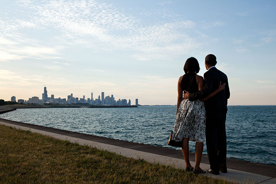 Michelle and Barack hugging while looking at Chicago Sky
