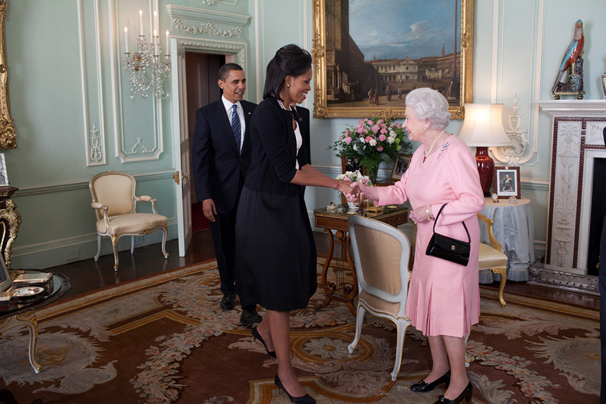 Michelle and Barack greeting Queen Elizabeth II