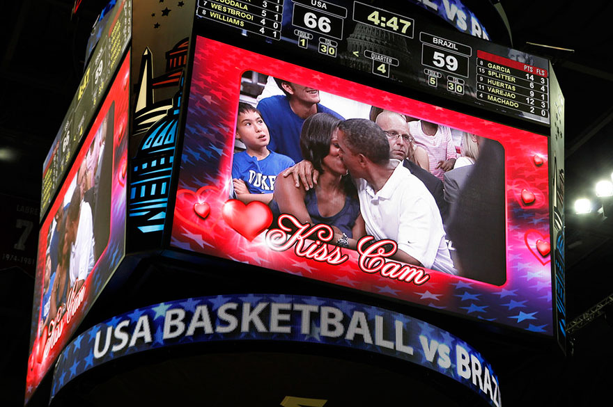 Presidential Couple on the kiss cam at basketball game 