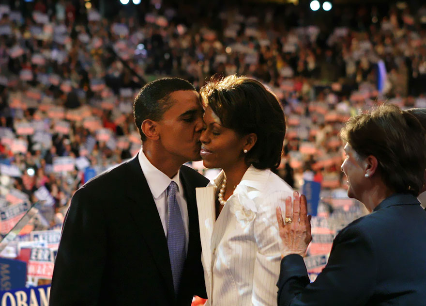 Barack kissing Michelle on the cheek