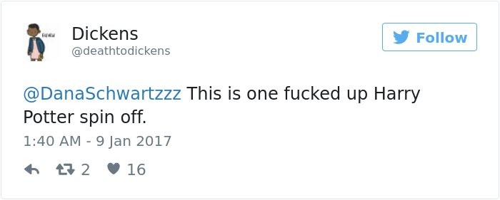 Tweet reacting humorously to a photo of an owl without fur, suggesting a bizarre Harry Potter spin-off. Tweet reacting humorously to a photo of an owl without fur, suggesting a bizarre Harry Potter spin-off.