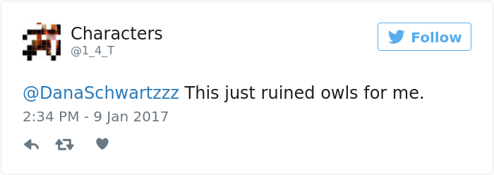 Tweet about how a photo of a furless owl ruins owls for someone.