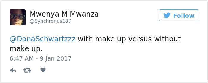 Screenshot of a tweet by Mwenya M Mwanza discussing makeup. Screenshot of a tweet by Mwenya M Mwanza discussing makeup.