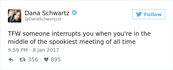 Tweet humorously describing a spooky interruption, referencing a hairless owl.